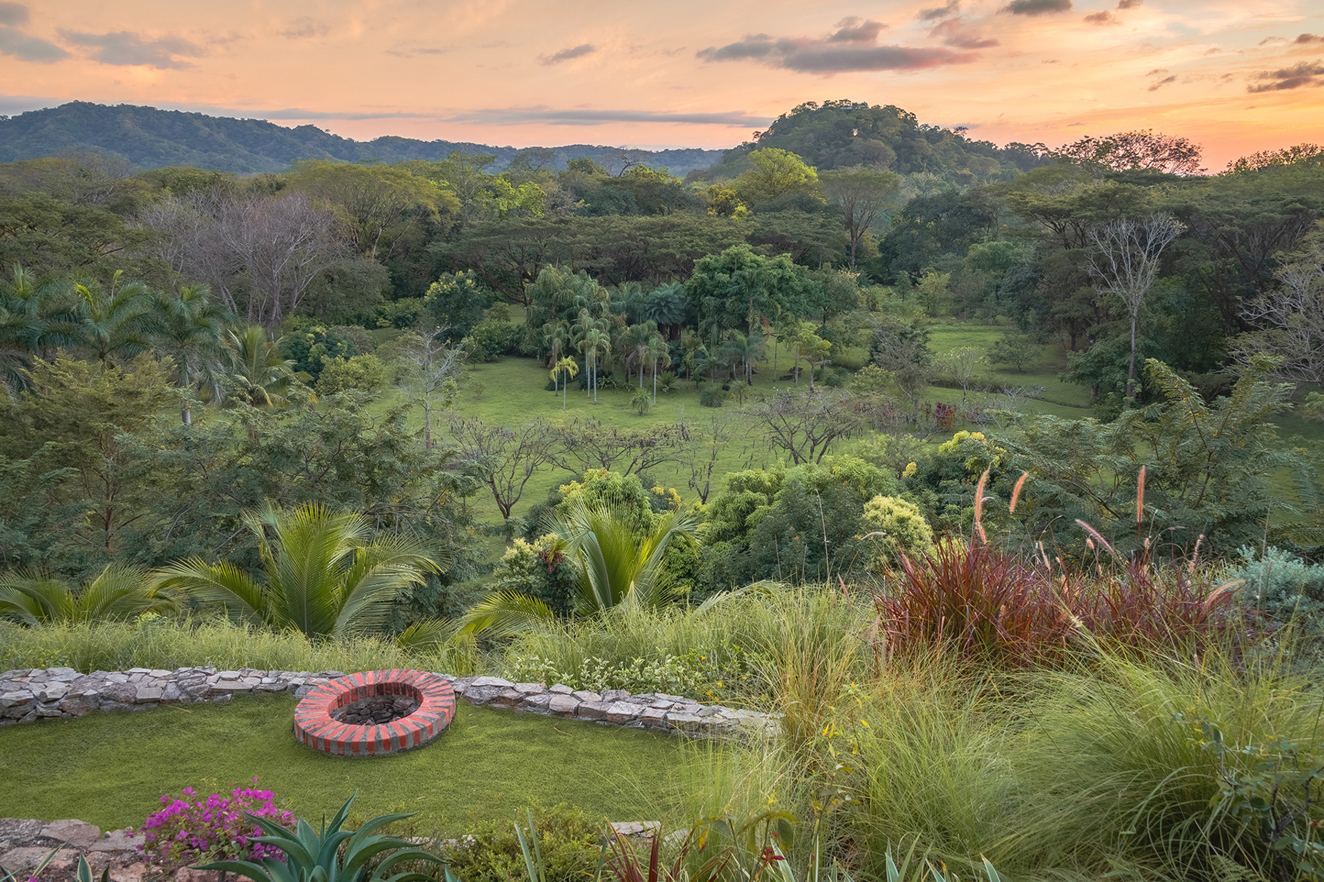 Garden fire pit sunset view
